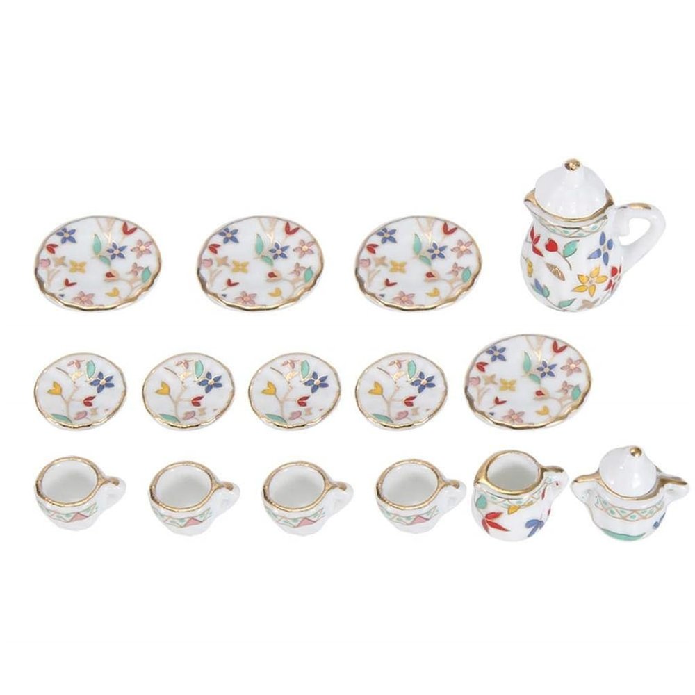 1:12 Miniatures Dollhouses Kitchen Accessories Teapot Cup Plate Set 15Pcs Flower Pattern Porcelain Teacup Set