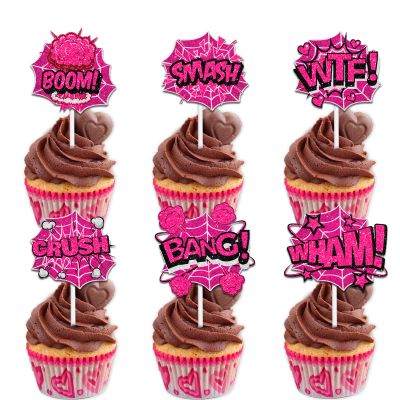 18pcs Pink Glitter Boom Bang Smash Crash Dessert Cupcake Topper Pick for Hero Fun Action Sign Theme Decor Supplies Men Women Happy Birthday Party Decoration