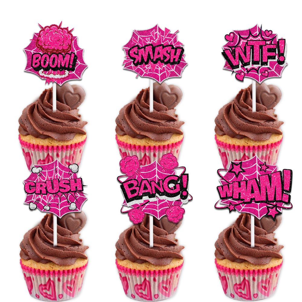 18pcs Pink Glitter Boom Bang Smash Crash Dessert Cupcake Topper Pick for Hero Fun Action Sign Theme Decor Supplies Men Women Happy Birthday Party Decoration