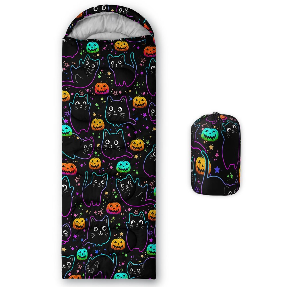 HOSIMA Cartoon Cat Sleeping Bag for Kids Girls,Colorful Pumpkin and Stars Pattern Backpacking Essentials for Hiking,Waterproof Ultralight Sleeping Bags & Camp Bedding Suitable for All Seasons.