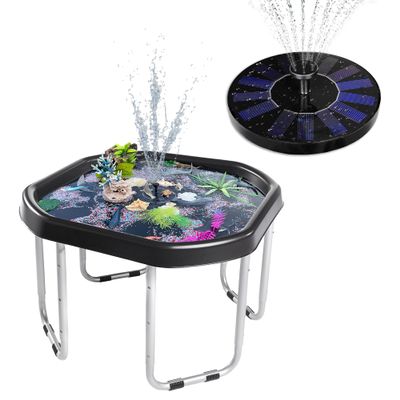 MEKA Small (28"x28") Set Tuff Tray Black with Solar Fountain Bundle, Activity Sensory Tray Plus Stand Children, Outdoor Play Sand and Water Table for Toddlers and Kids, Toy Boys Girls