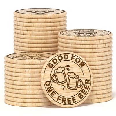 30-1000 Custom Wood Drink Tokens, 40mm Personalized Drink Chips Engraved with Your Logo Text Design, Customized Wood Round Tokens for Party, Wedding, Game Night, Bar Chips, Corporate Events