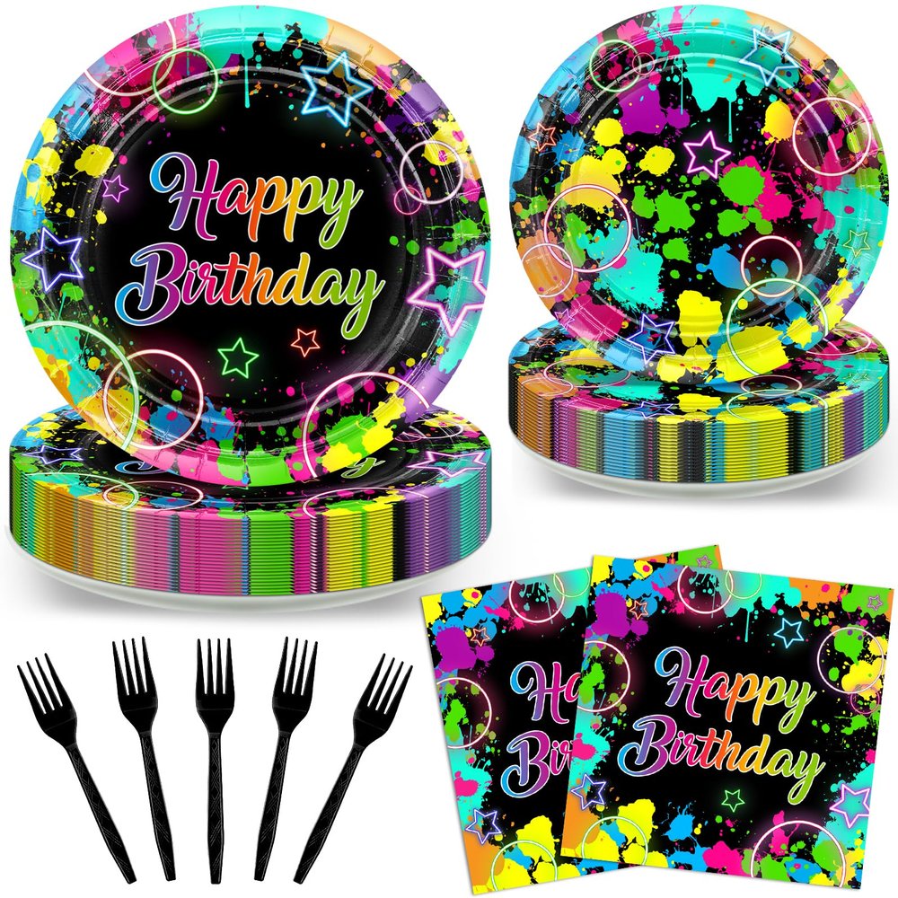 Avezano 96 PCS Neon Birthday Party Decorations Glow Neon Happy Birthday Plates Napkins Tableware Glow in the Dark Party Supplies, Serves 24
