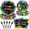 Avezano 96 PCS Neon Birthday Party Decorations Glow Neon Happy Birthday Plates Napkins Tableware Glow in the Dark Party Supplies, Serves 24 view 1