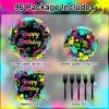 Avezano 96 PCS Neon Birthday Party Decorations Glow Neon Happy Birthday Plates Napkins Tableware Glow in the Dark Party Supplies, Serves 24 view 2