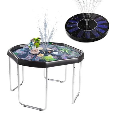 MEKA Large (38"x38") Set Tuff Tray Black with Solar Fountain Bundle, Activity Sensory Tray Plus Stand Children, Outdoor Play Sand and Water Table for Toddlers and Kids, Toy Boys Girls