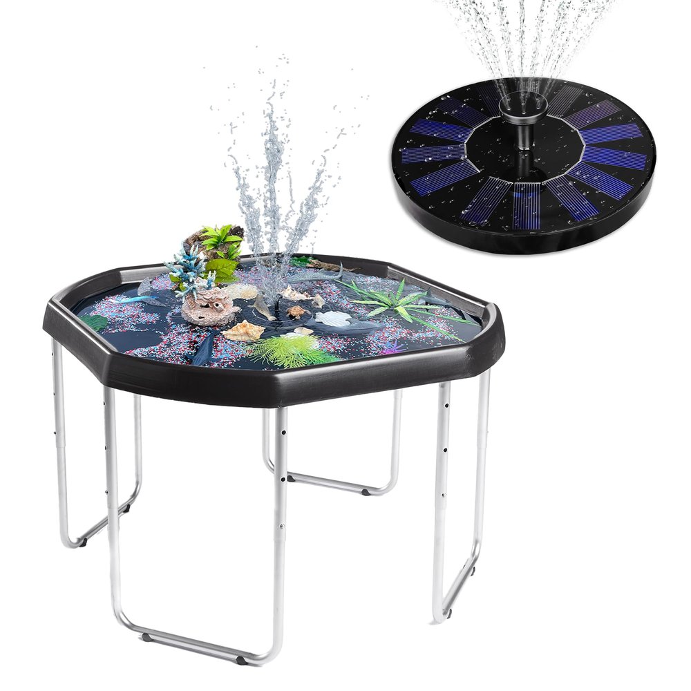 MEKA Large (38"x38") Set Tuff Tray Black with Solar Fountain Bundle, Activity Sensory Tray Plus Stand Children, Outdoor Play Sand and Water Table for Toddlers and Kids, Toy Boys Girls