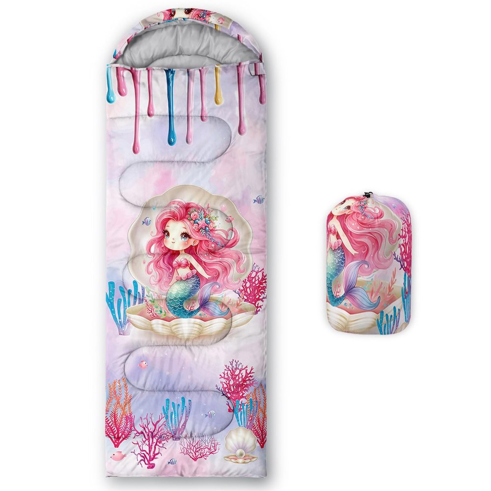 HOSIMA Mermaid Sleeping Bags for Girls,Mermaid Sitting in Shell Surrounded by Coral and Fish,Ocean Themed Animal Lightweight Sleeping Bag for Adults and Kids Hiking Trips Outdoors Activities.