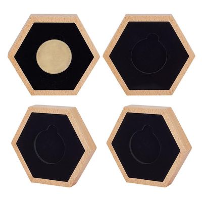 AHANDMAKER 4 PCS Single Coin Display Box, Hexagon Natural Beech Coin Box, Challenge Coin Display Case with Black Velvet Inside for Medal Display, Commemorative Coin Holder
