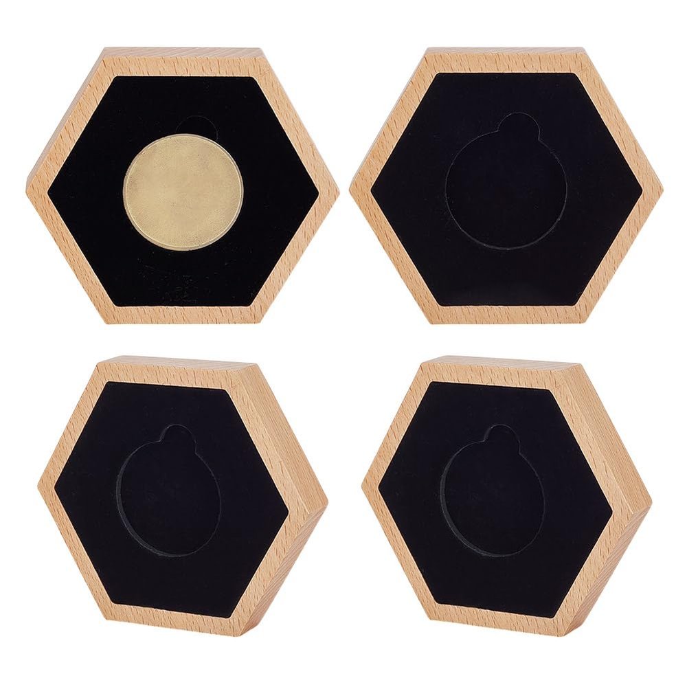 AHANDMAKER 4 PCS Single Coin Display Box, Hexagon Natural Beech Coin Box, Challenge Coin Display Case with Black Velvet Inside for Medal Display, Commemorative Coin Holder