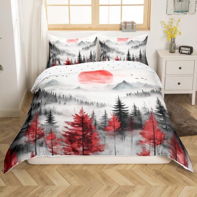 jejeloiu Woodland Forest Tree Bedding Set Toddler Size Kids Botanical Maple Red Comforter Cover Ombre Nature Landscape Duvet Cover Breathable Soft Lightweight Microfiber,No Comforter