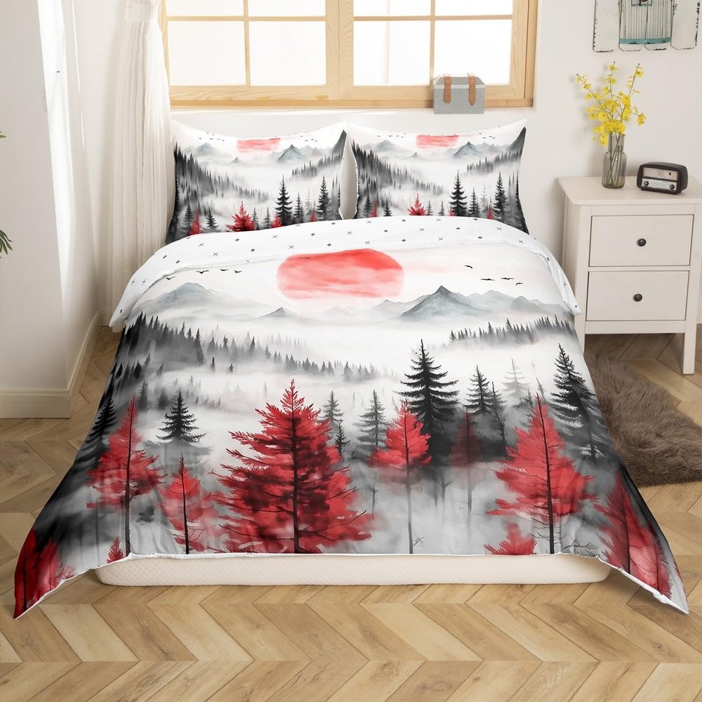 jejeloiu Woodland Forest Tree Bedding Set Toddler Size Kids Botanical Maple Red Comforter Cover Ombre Nature Landscape Duvet Cover Breathable Soft Lightweight Microfiber,No Comforter