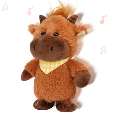 Hopearl Talking Highland Cow with Yellow Bib Repeats What You Say Walking Electric Interactive Animated Toy Speaking Plush Buddy Gifts for Toddlers, Brown, 9''