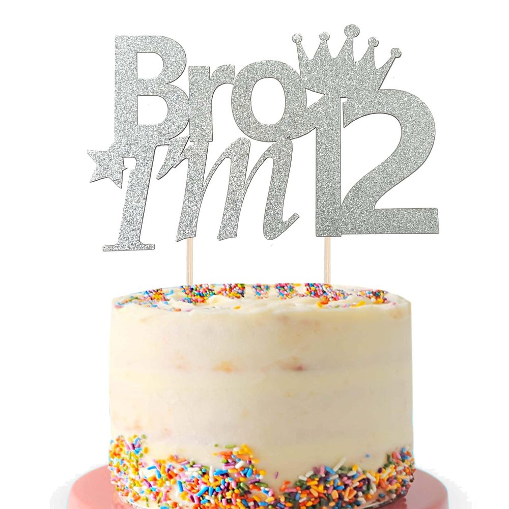 12th Birthday Cake Topper, Silver Glitter Bro I'm 12 Cake Pick Cheers to 12 Years Old Cake Decorations for Boys Him Pre-teen 12th Birthday Party Supplies Twelve Years Topper (Silver)