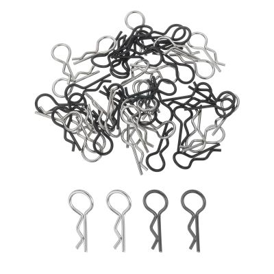 MECCANIXITY 50pcs 30-Degree Angle RC Body Clips Bent Springy R Pins 25x1.4x10mm for All 1/8 1/10 Scale Model RC Car Crawler Truck,Shell Replacement Parts(Silver/Black)