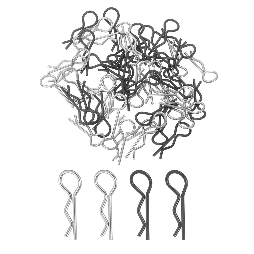 MECCANIXITY 50pcs 30-Degree Angle RC Body Clips Bent Springy R Pins 24.3x1.2x8.4mm for All 1/8 1/10 1/12 Scale Model RC Car Crawler Truck,Shell Replacement Parts(Silver/Black)