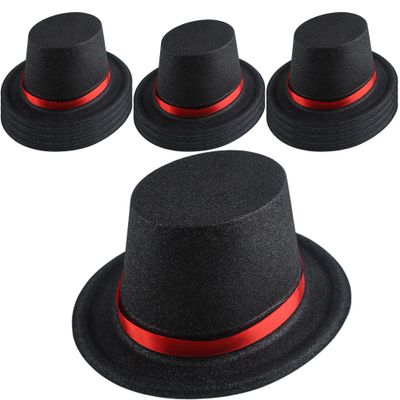 12 Pack Kids Plastic Top Hats Black Top Hat with Red Band Glitter Magician Party Hat High Top Hat for Child Halloween Cosplay (Color Style 2 (PVC Glitter))