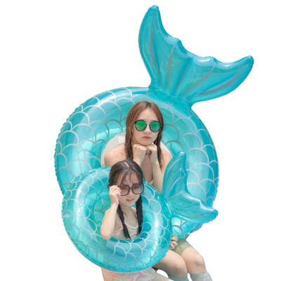 2PCs Mermaid Swim Rings for Adults & Kids Thickened Pool Floats with Fish Tail, Family Beach Vacation Safety Floats (Green Blue,35 * 35 + 43 * 43 in)
