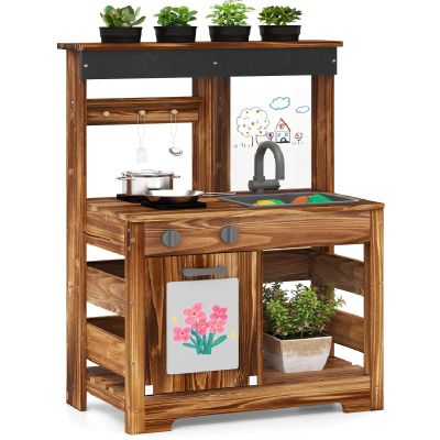 INFANS Mud Kitchen, Outdoor Play Kitchen with Drawing Board, 4 Cups, Removable Sink, Storage, Cooking Accessories, Wooden Kids Kitchen Playset Gift for Boys Girls Ages 3+