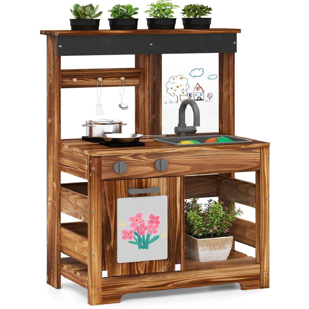 INFANS Mud Kitchen, Outdoor Play Kitchen with Drawing Board, 4 Cups, Removable Sink, Storage, Cooking Accessories, Wooden Kids Kitchen Playset Gift for Boys Girls Ages 3+