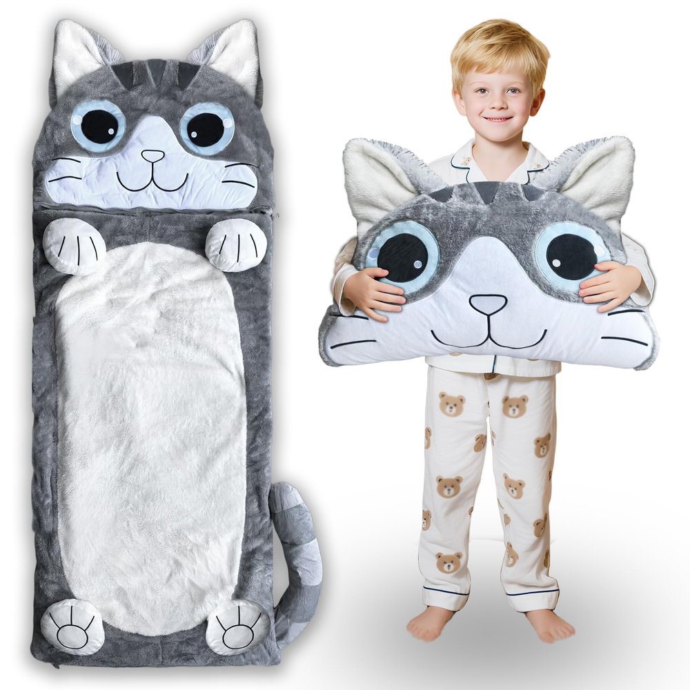 Kid Sleeping Bag - Larger Plush Cat Slumber Bag for Boys Girls Daycare Preschool Kindergarten Birthday Gift Travel Sleepover Ages 3-12 Years