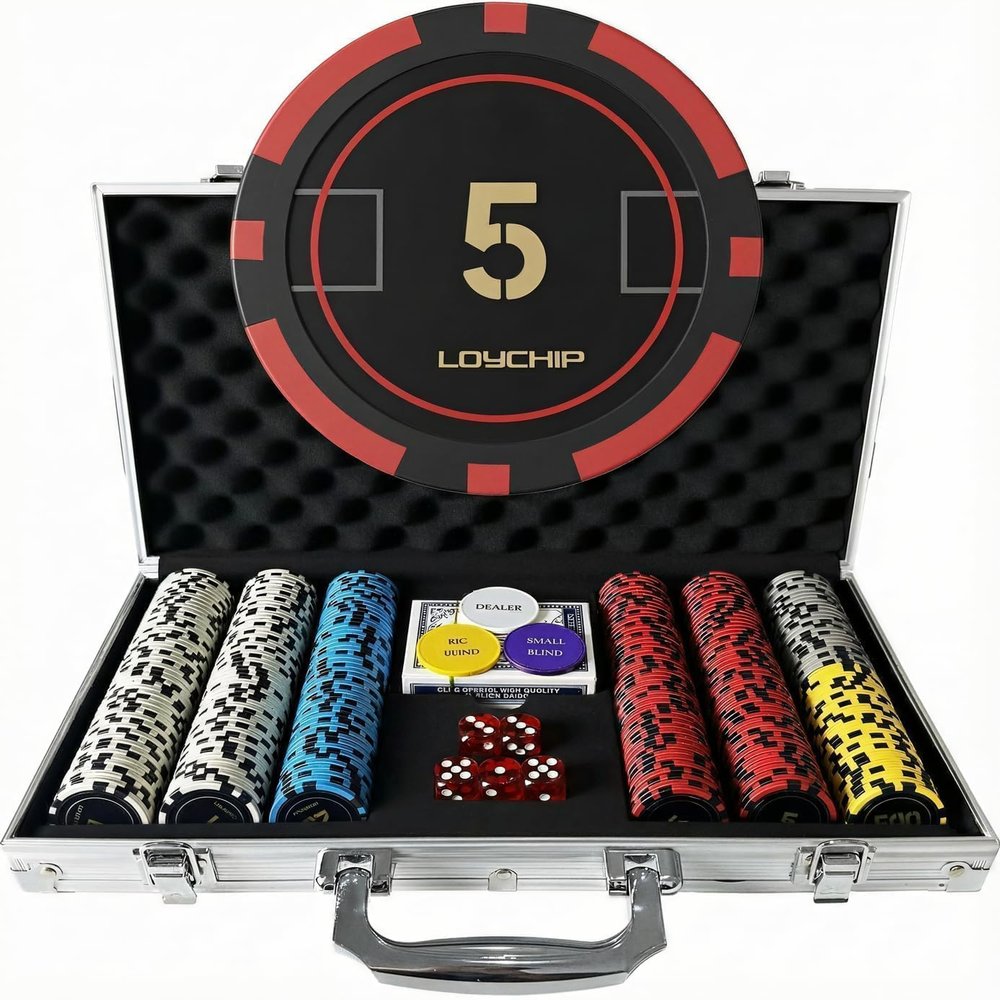 LOYCHIP 300 Piece Poker Set 11.5g Numbered Chips with Aluminum Case 2 Decks Cards Dealer Blind Buttons 5 Dice for Texas Holdem Blackjack Casino Gaming