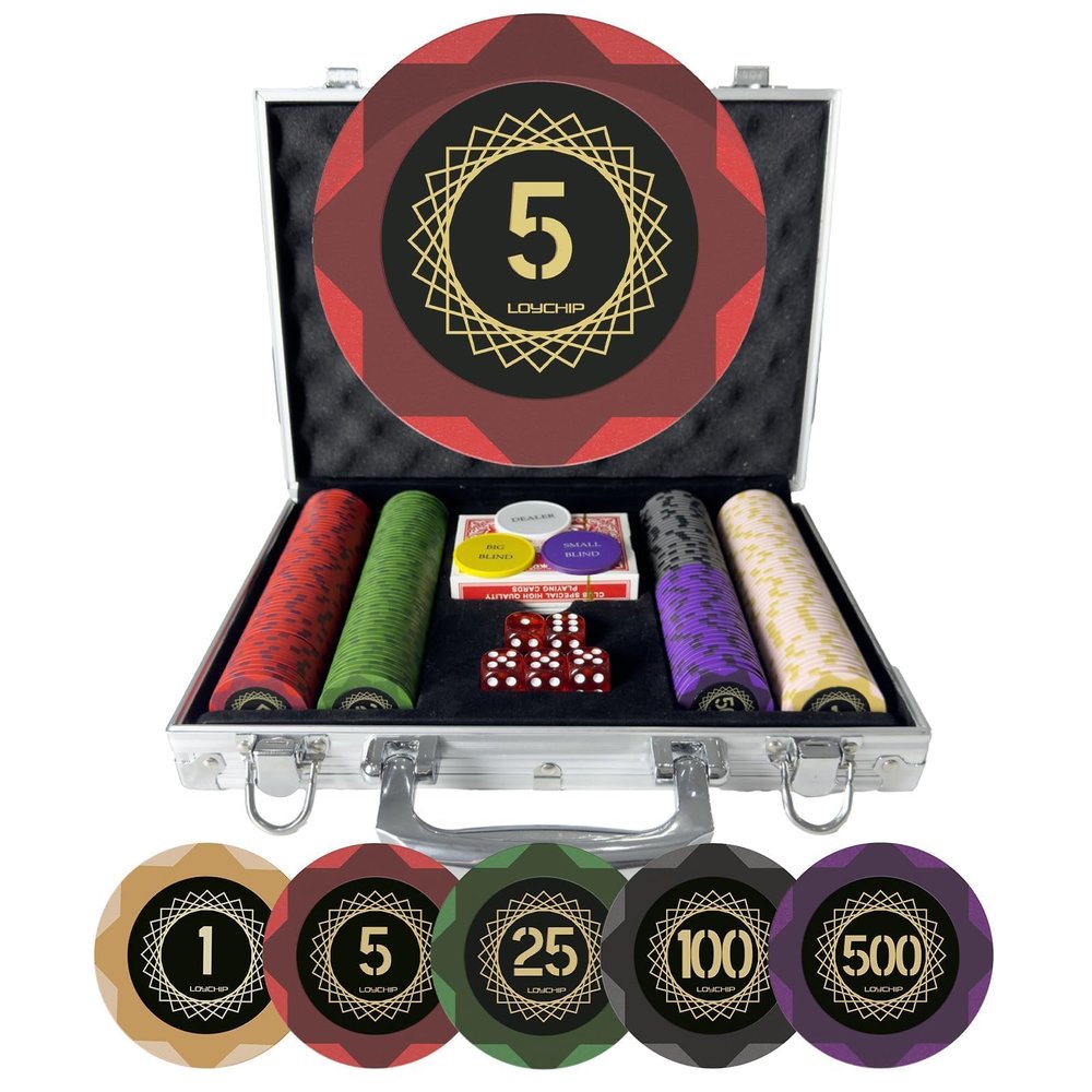 LOYCHIP 200 Piece Poker Chip Set 14g Clay Composite Heavyweight Numbered Chips with Aluminum Case Playing Cards and Blind Buttons for Texas Holdem Blackjack and Casino Gaming Nights
