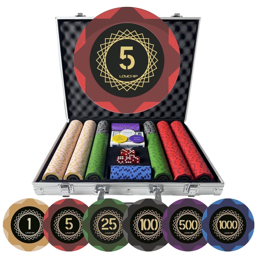LOYCHIP 500 Piece Poker Chip Set Texas Holdem Blackjack 14g Heavy Clay Composite Numbered Chips with Aluminum Case 2 Decks Playing Cards Dice Dealer Small Big Blind Buttons for Adult Casino Night