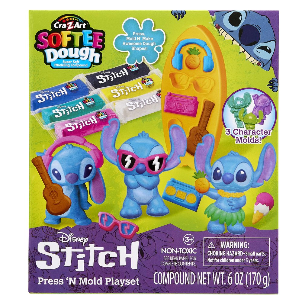 CRA-Z-Art Disney Stitch Softee Dough Press 'N Mold Modelling Dough Playset, 3 Character Molds, Ages 3+