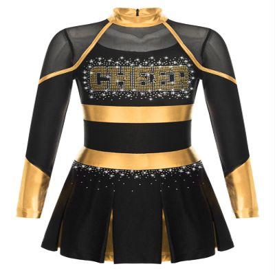 JEATHA Girls Cheerleading Uniform Dress Cheer Leader Cosplay Outfits for Carnival Dress up Party Costume Black&Gold C 14 Years