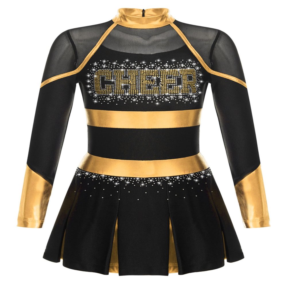 JEATHA Girls Cheerleading Uniform Dress Cheer Leader Cosplay Outfits for Carnival Dress up Party Costume Black&Gold C 14 Years