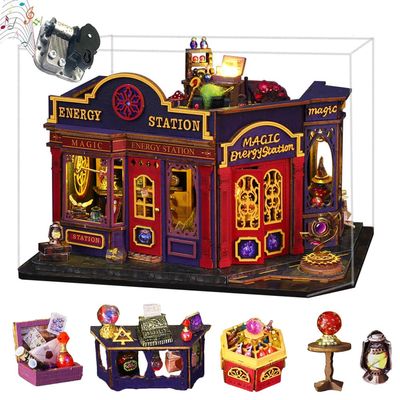 iiecrKiie DIY Miniature Dollhouse Kit with Furniture, Creative Room Opened & Closed Wooden Doll House with LED Light for Family and Friends (B-Energy Stations-)