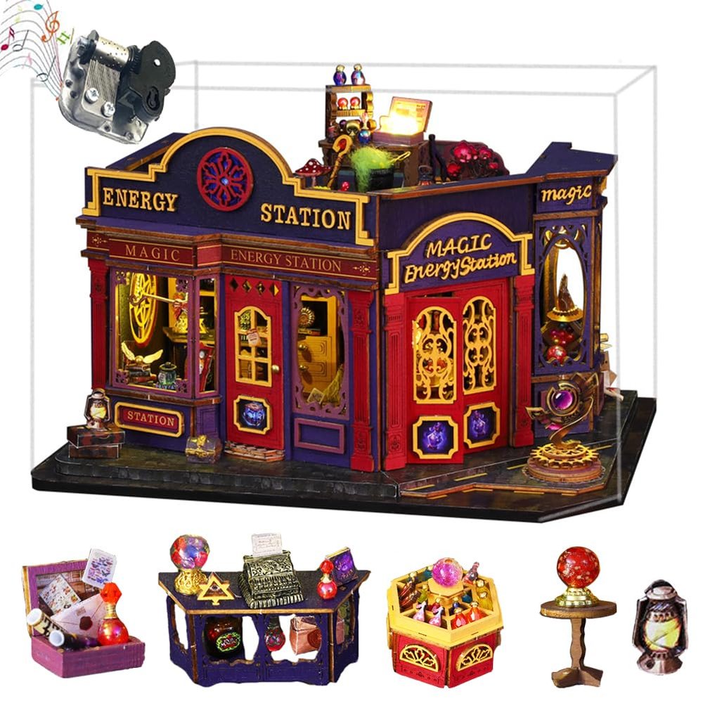 iiecrKiie DIY Miniature Dollhouse Kit with Furniture, Creative Room Opened & Closed Wooden Doll House with LED Light for Family and Friends (B-Energy Stations-)