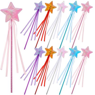 10Pcs Star Princess Wand, Sparkling Fairy Wands with Ribbon, Princess Party Favors Role Play Party Supply, Fairy Wands for Gift Birthday Halloween Christmas Party(Hulan, Pink, Red, White, Purple)
