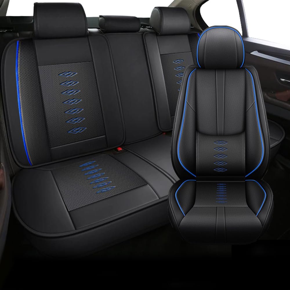 5PCS Pickup Truck Seat Covers for Ford Mustang 2000-2024 with Lumbar Support Nappa Leather Quality Car Seat Cover for Ford MustangBlack&Blue-Standard