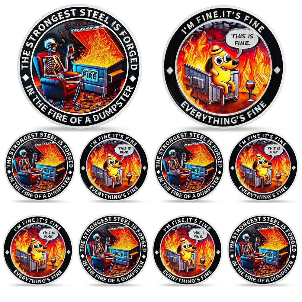 10PCS Skull Dumpster Fire Challenge Coin - The Strongest Steel is Forged Dumpster Fire Coin - Emotional Support This is Fine Chip - Funny Desk Accessories for Work - Inspirational Gifts for Men Women