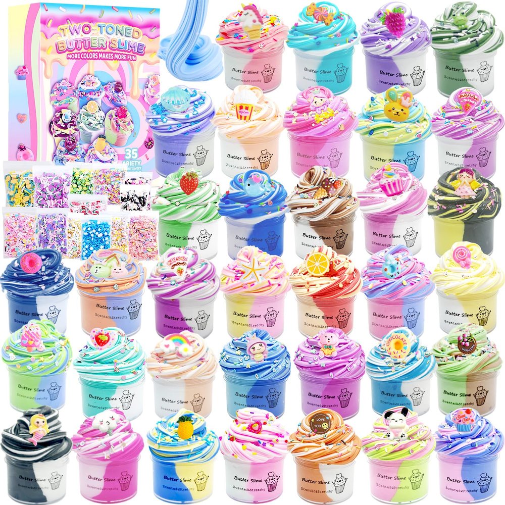 Butter Slime Kit for Girls 35 Pack, Party Favors with Watermelon, Coffee, Mint, Candy, and Lemon Slime, Stretchy and Non-Sticky, Stress Relief Toy for Boys, Easter Basket Stuffers
