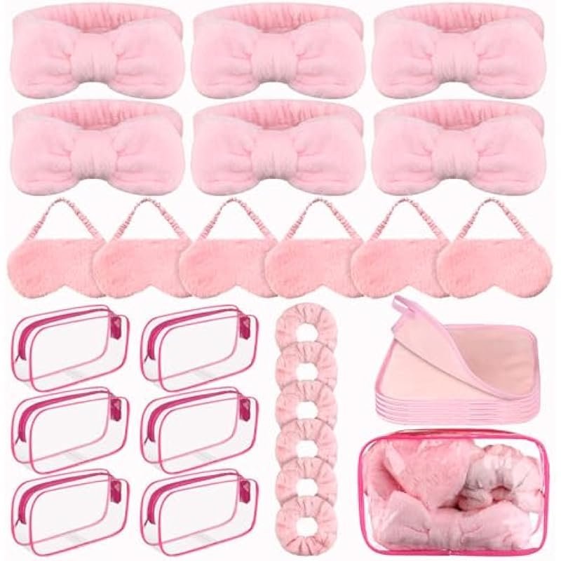 36 Pcs Spa Party Supplies, Plush Pink Sleepover Party Favors, Spa and Slumber Party Set, Includes Hair Accessories, Eye Masks, Towels, Transparent Makeup Bags, Great for Sleepover Fun