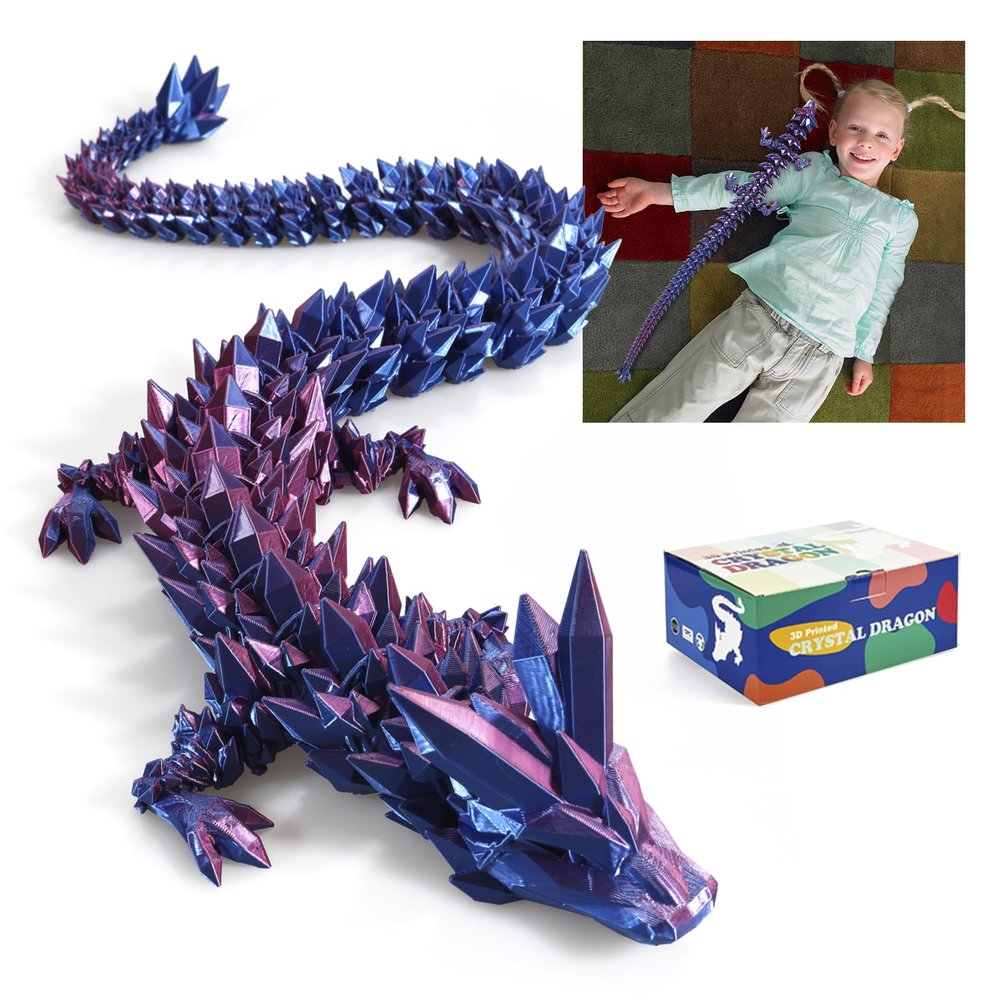 243D Printed Dragon Large 3D Dragon--Bigger Fidget Toy Gift for Kids, Boys, Girls & Adults,Cool Giant Crystal 3-D Printed Animals Desk Decor , Easter Basket Essentials(blue purple 24in)