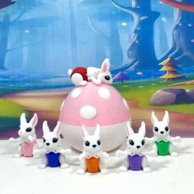 6pcs 3D Printed Mini Bunny Rabbit with Egg, Articulated Mini Rabbit Fidget Toy, Tiny Animal Fidget Toy, Executive Desk Toy, Home Decor MR005-PME-6X