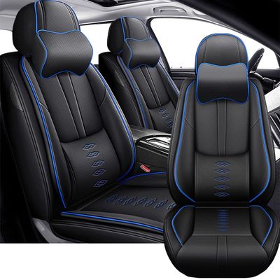 2 Front Premium Leather Waterproof Car Seat Cover with 96% Fit - Ultra Soft Non-Slip Car Seat Protector, Universal for All Seasons, Comes with Lumbar SupportBlack&Blue-Deluxe