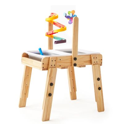 HiMummy Sand and Water Table for Toddlers Ages 3+, Kids Wooden Sensory Activity Table with 2 Collapsible Bins, Acrylic Painting Board, Adjustable Height 18"-25, Grow with Your Beloved(Toys Included).