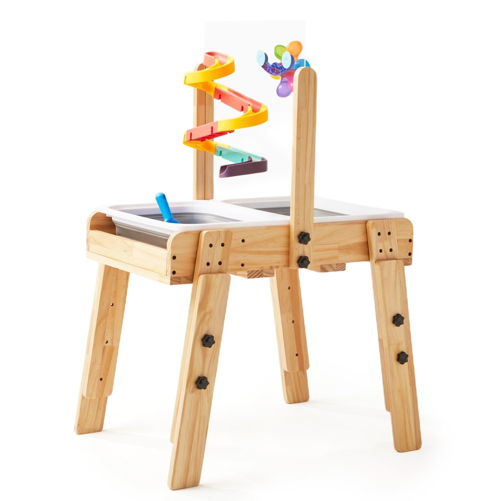 HiMummy Sand and Water Table for Toddlers Ages 3+, Kids Wooden Sensory Activity Table with 2 Collapsible Bins, Acrylic Painting Board, Adjustable Height 18"-25, Grow with Your Beloved(Toys Included).
