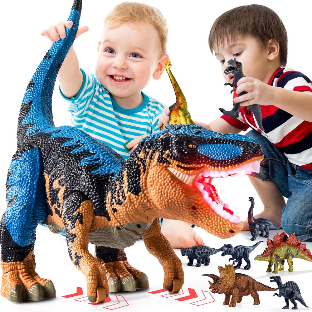 BLmukce 24" Large Dinosaur Toys for Kids 3-5, Big Dinosaur Tyrannosaurus rex Figure Toy with 10+ Dinosaurs Belly Storage, Gliding Wheels, Lights Sounds & Mist Spray  T-Rex that eats Toy for Boys Gift