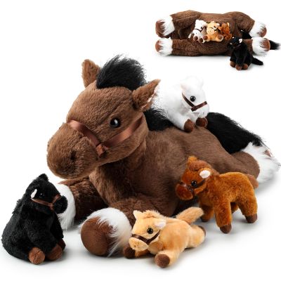 Lenwen 5 Pcs Horse Stuffed Animals 18 Inches Large Mommy Horse Plush with 4 Babies in Zippered Belly Nurturing Plushie Toy Set Gifts for Boys Girls Birthday Gift Derby Party Favors(Adorable)