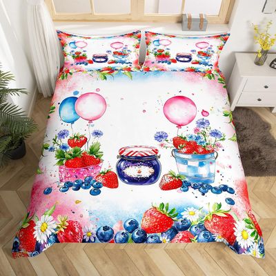 Strawberry Duvet Cover Set Toddler Size,Tropical BlueBerry Fruit Daisy Flowers Bedding Set,Girls Women Room Decor,Tie-dye Graffiti Style Comforter Cover,Red Blue Quilt Cover,1 Pillowcase(No Filler)