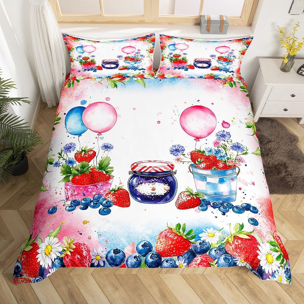 Strawberry Duvet Cover Set Toddler Size,Tropical BlueBerry Fruit Daisy Flowers Bedding Set,Girls Women Room Decor,Tie-dye Graffiti Style Comforter Cover,Red Blue Quilt Cover,1 Pillowcase(No Filler)