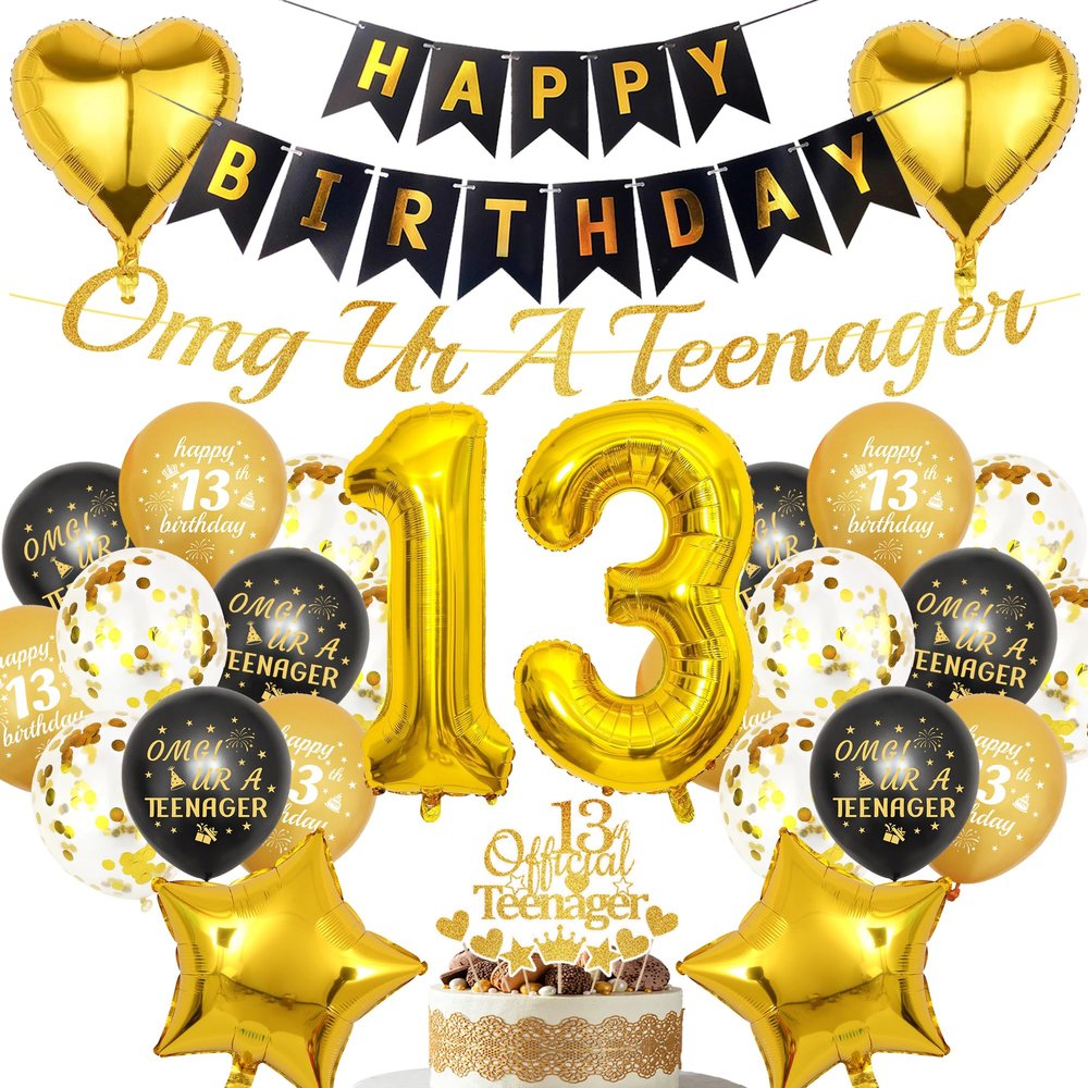 13th Birthday Decorations Balloons Boys - Black Gold Official Teenager Banner Large Star Number 13 Foil Balloons Omg Ur A Teenager Cake Topper Decor For 13 Years Old Party Supplies