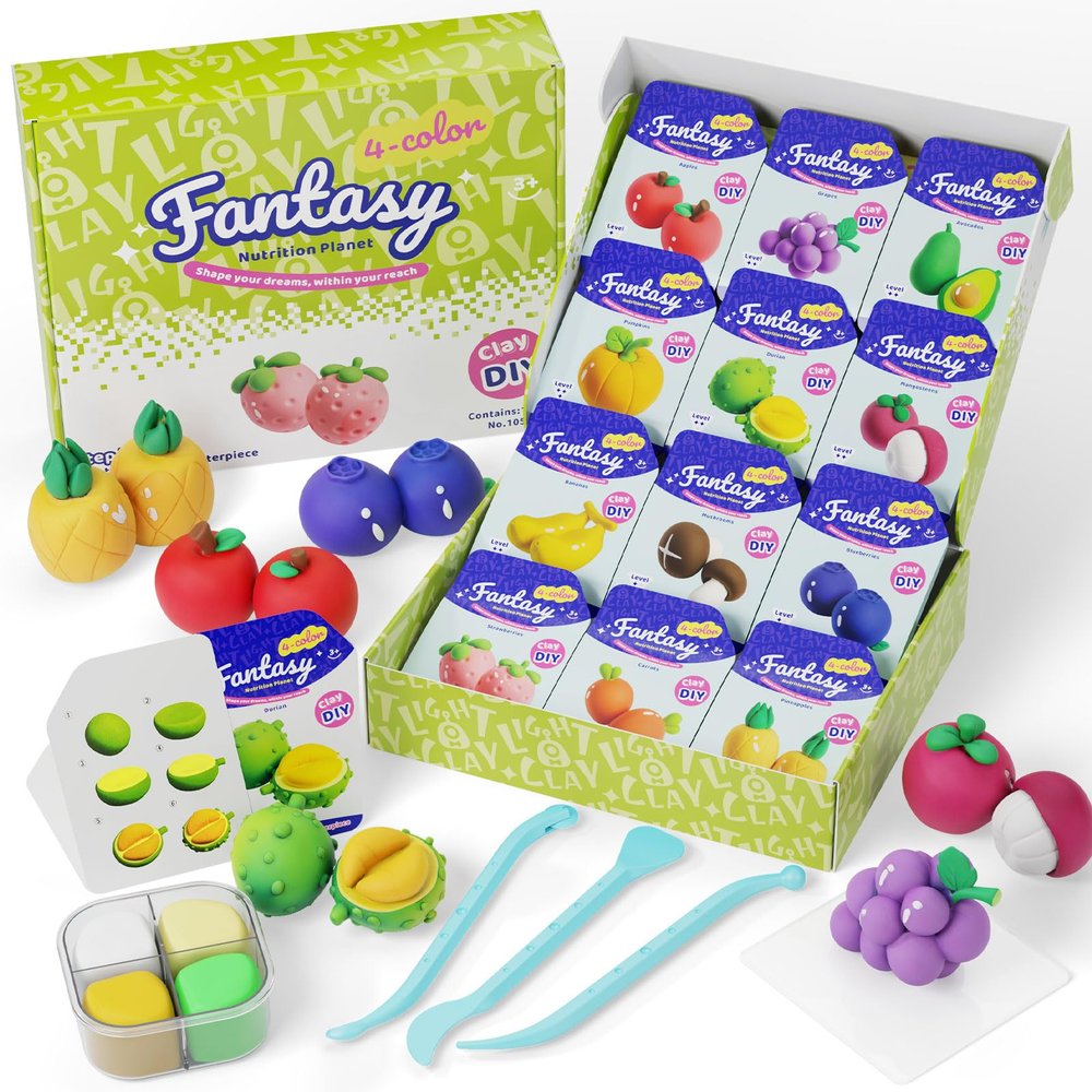 Dufvrpe Air Dry Modeling Clay for Kids - Nutrition Planet, 12 Boxes Clay Kit with 4 Tools & Tutorials, Soft DIY Craft Kit for Art Projects, Creative Gift for Boys & Girls Ages 3+