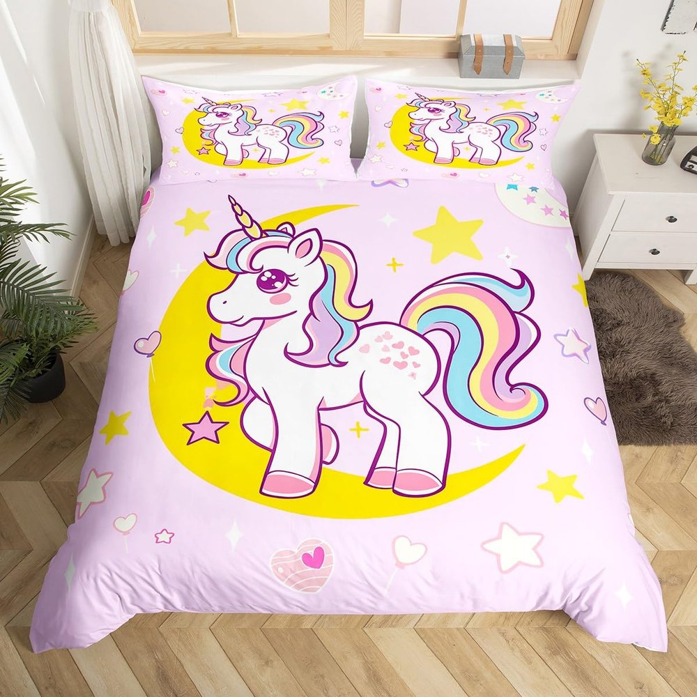 jejeloiu Cute Unicorn Bedding Set Toddle Size Purple Cartoon Unicorn Duvet Cover for Kids Girls Moon Star Pattern Comforter Cover Set Kawaii Bedspread Cover 2Pcs Zipper Closure